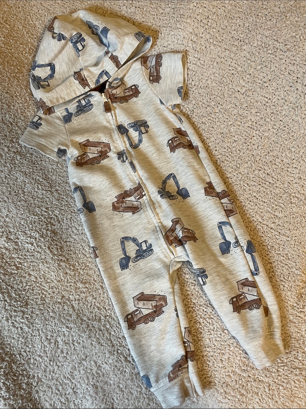Carters Construction Sweatshirt Romper zip up Hooded Gray Blue Brown EUC
